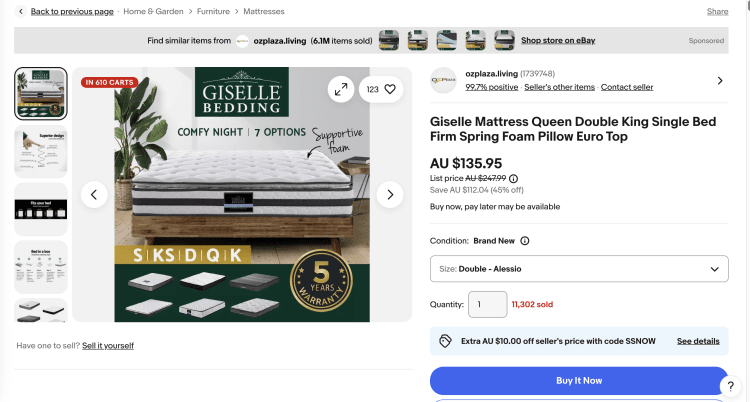 eBay: Giselle Mattress All Sizes on Sale – Range from $92.95 to $222.95